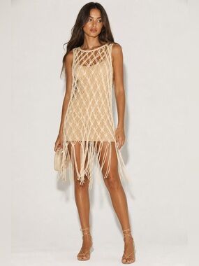 Zara Ivory Net Crochet Fringe Cover Up Dress Medium